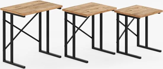 FurniChic - Salontafel Set van 3 - PINE (Atlantische Grenen) - Industrieel Design - Vierkante Bijzettafels - 35x53x54 cm