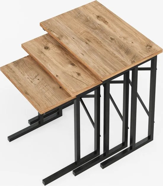 FurniChic - Salontafel Set van 3 - PINE (Atlantische Grenen) - Industrieel Design - Vierkante Bijzettafels - 35x53x54 cm