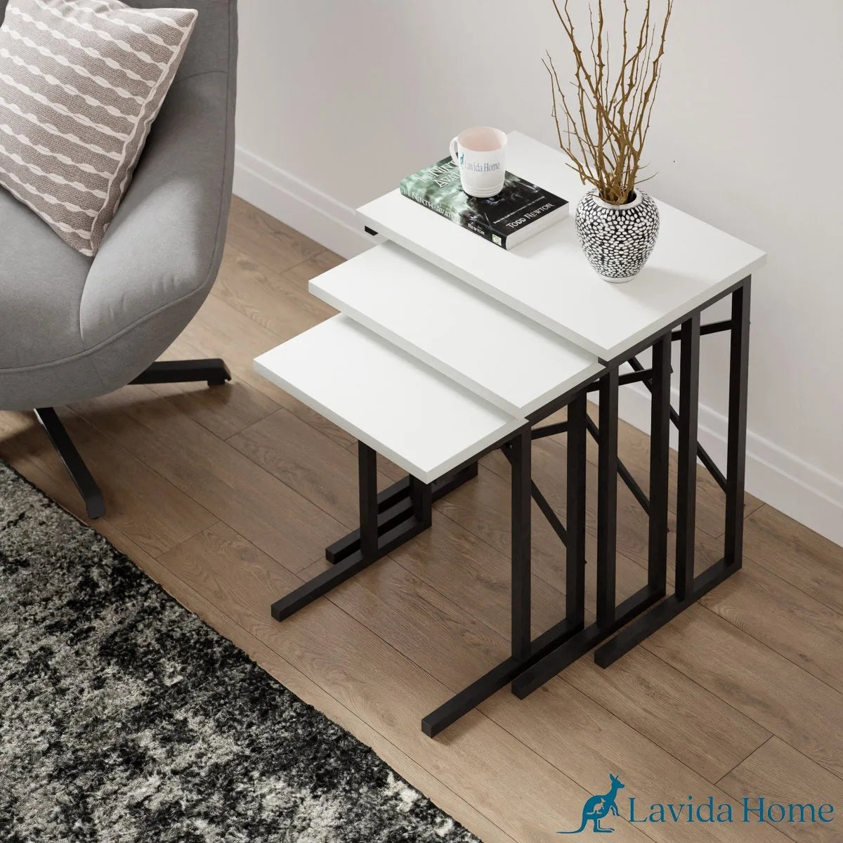 FurniChic - Salontafel Set van 3 - Bruin Sacramento EIK - Industrieel Design - Vierkante Bijzettafels - 35x53x54 cm – Wit