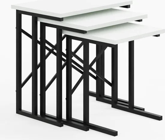 FurniChic - Salontafel Set van 3 - Wit Glanzend Hout - Industrieel Design - Vierkante Bijzettafels - 35x53x54 cm