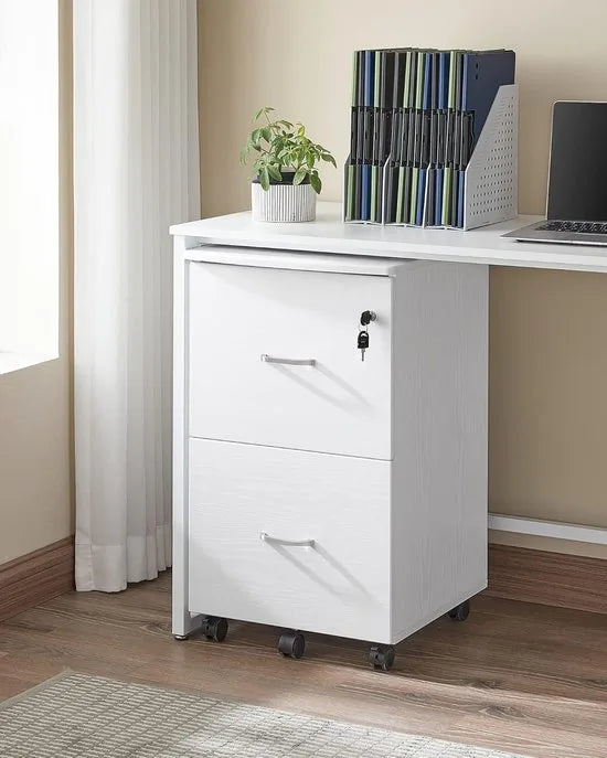 Furnstar 2-Laden Archiefkast Home Office – Verrijdbare File Cabinet met Slot – Printerstandaard – A4 & Letter Formaat – Wit – Compacte Rolling Storage