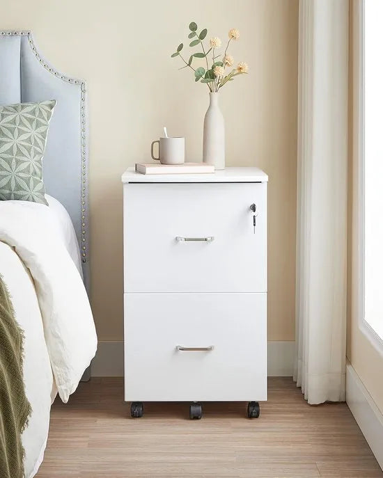 Furnstar 2-Laden Archiefkast Home Office – Verrijdbare File Cabinet met Slot – Printerstandaard – A4 & Letter Formaat – Wit – Compacte Rolling Storage