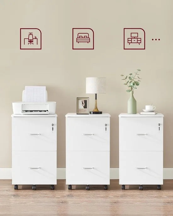 Furnstar 2-Laden Archiefkast Home Office – Verrijdbare File Cabinet met Slot – Printerstandaard – A4 & Letter Formaat – Wit – Compacte Rolling Storage