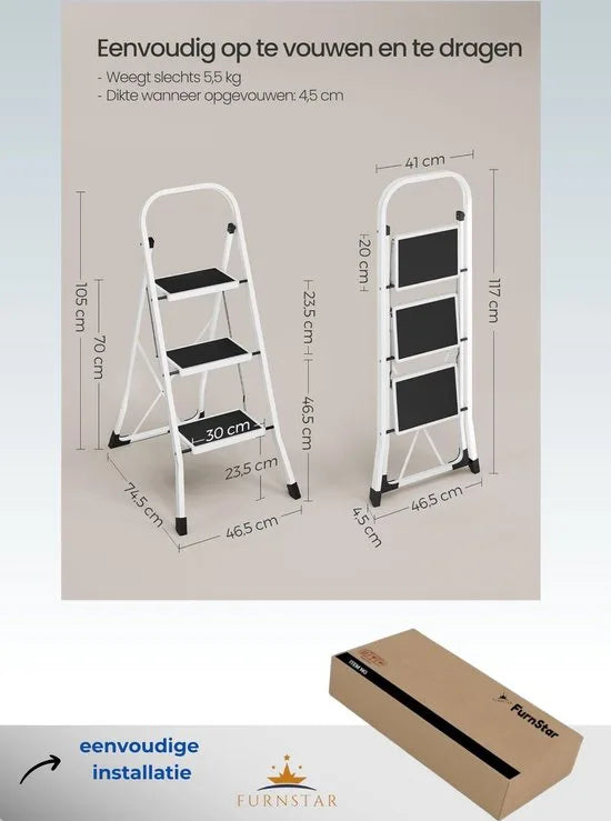FurnStar 3 Sports ladder - Opvouwbare ladder -Sportbreedte 20 cm - Antislip rubber - Met handgreep - Draagvermogen 150 kg - Staal - GS -Gecertificeerd - Zwart Wit