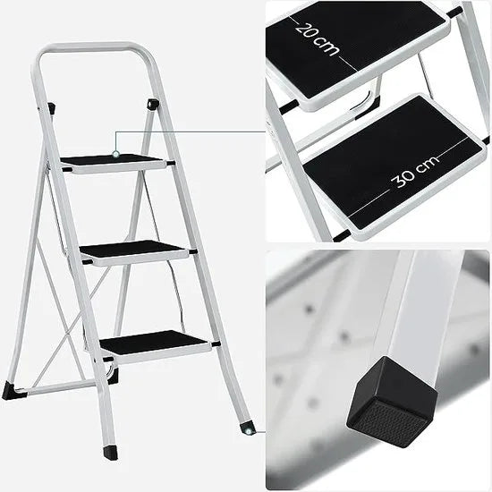 FurnStar 3 Sports ladder - Opvouwbare ladder -Sportbreedte 20 cm - Antislip rubber - Met handgreep - Draagvermogen 150 kg - Staal - GS -Gecertificeerd - Zwart Wit