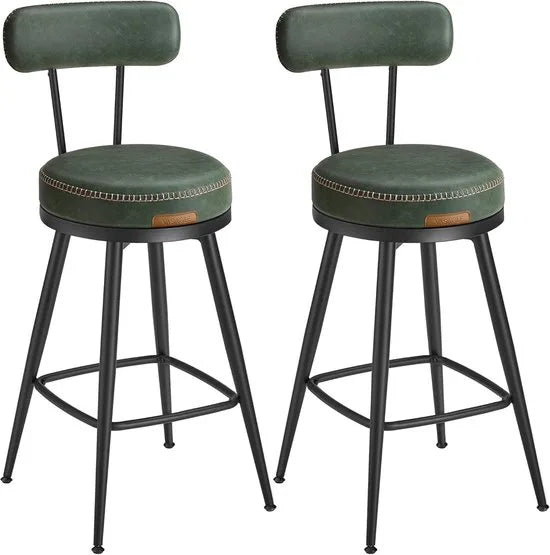 Furnstar - 360° draaibare barkruk set van 4 - Kruk met rugleuning voor keukeneiland - Kunstleer met naden - Mid-Century moderne stijl - 65 cm hoog - Keuken huisbar - Bosgroen