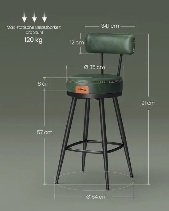 Furnstar - 360° draaibare barkruk set van 4 - Kruk met rugleuning voor keukeneiland - Kunstleer met naden - Mid-Century moderne stijl - 65 cm hoog - Keuken huisbar - Bosgroen