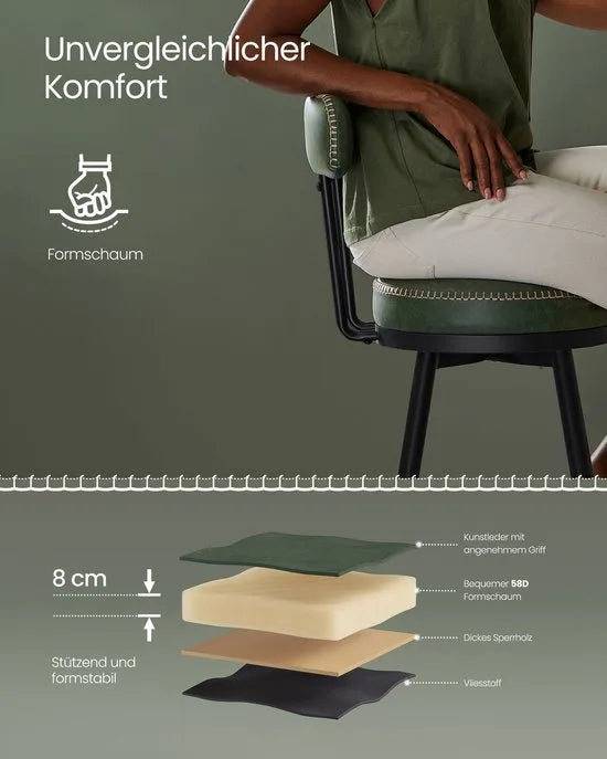 Furnstar - 360° draaibare barkruk set van 4 - Kruk met rugleuning voor keukeneiland - Kunstleer met naden - Mid-Century moderne stijl - 65 cm hoog - Keuken huisbar - Bosgroen