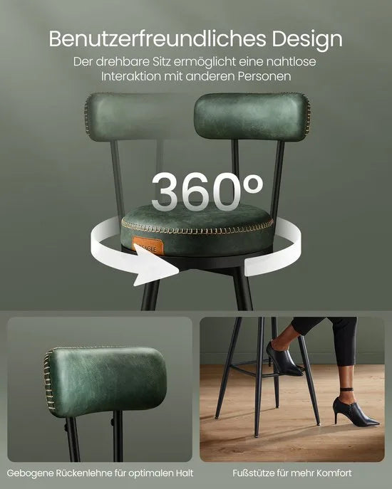 Furnstar - 360° draaibare barkruk set van 4 - Kruk met rugleuning voor keukeneiland - Kunstleer met naden - Mid-Century moderne stijl - 65 cm hoog - Keuken huisbar - Bosgroen
