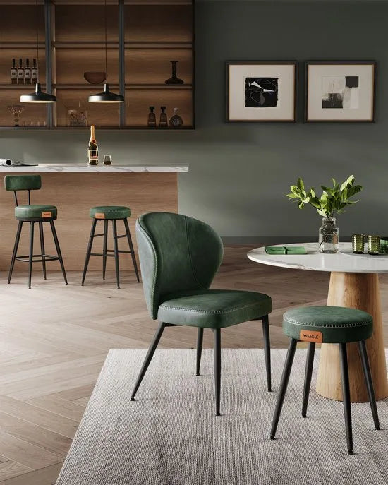 Furnstar - 360° draaibare barkruk set van 4 - Kruk met rugleuning voor keukeneiland - Kunstleer met naden - Mid-Century moderne stijl - 65 cm hoog - Keuken huisbar - Bosgroen