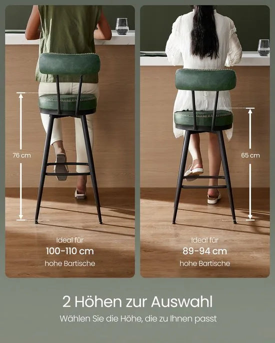 Furnstar - 360° draaibare barkruk set van 4 - Kruk met rugleuning voor keukeneiland - Kunstleer met naden - Mid-Century moderne stijl - 65 cm hoog - Keuken huisbar - Bosgroen
