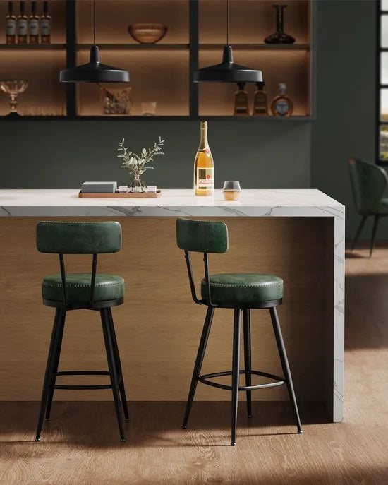 Furnstar - 360° draaibare barkruk set van 4 - Kruk met rugleuning voor keukeneiland - Kunstleer met naden - Mid-Century moderne stijl - 65 cm hoog - Keuken huisbar - Bosgroen
