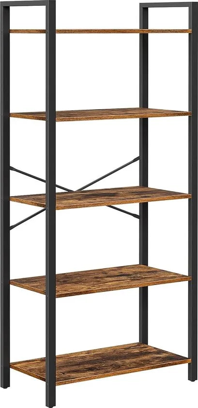 FurnStar - 5-laags Planken - Boekenkast met stalen frame - Voor woonkamer kantoor studeerkamer hal - Industrieel ontwerp - Rustiek - 66x30x153cm - Bruin-Zwart