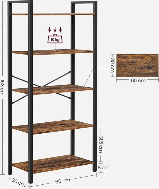 FurnStar - 5-laags Planken - Boekenkast met stalen frame - Voor woonkamer kantoor studeerkamer hal - Industrieel ontwerp - Rustiek - 66x30x153cm - Bruin-Zwart