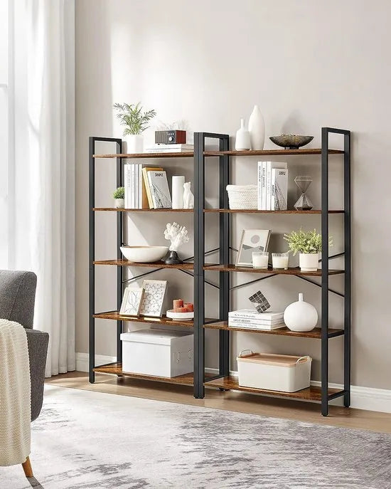 FurnStar - 5-laags Planken - Boekenkast met stalen frame - Voor woonkamer kantoor studeerkamer hal - Industrieel ontwerp - Rustiek - 66x30x153cm - Bruin-Zwart