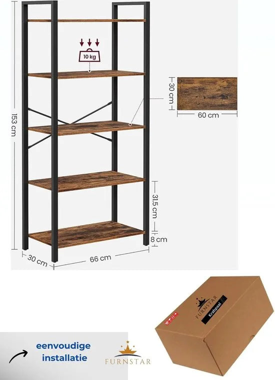FurnStar - 5-laags Planken - Boekenkast met stalen frame - Voor woonkamer kantoor studeerkamer hal - Industrieel ontwerp - Rustiek - 66x30x153cm - Bruin-Zwart