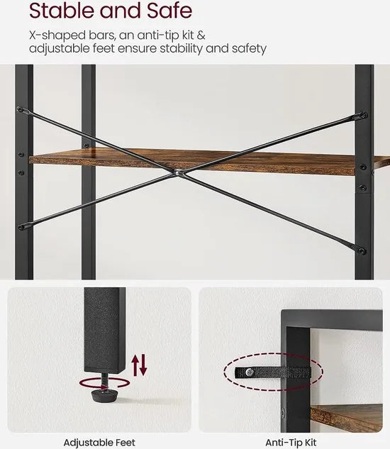 FurnStar - 5-laags Planken - Boekenkast met stalen frame - Voor woonkamer kantoor studeerkamer hal - Industrieel ontwerp - Rustiek - 66x30x153cm - Bruin-Zwart