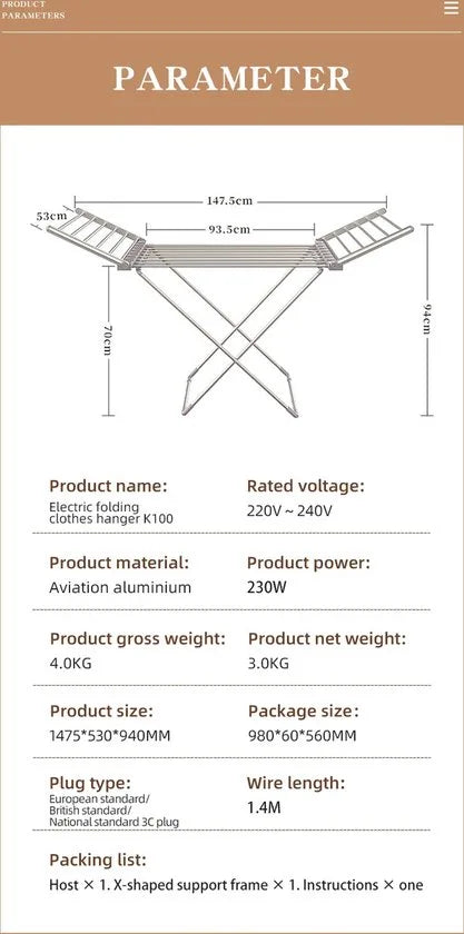 FurnStar - Adler - Droogrek - Elektrische droogrek - Verwarmde Wasrek - ‎Droogrek met Verwarming - Elektrisch Wasrek met Verwarming - 148 x 53 x 90 cm - Grijs
