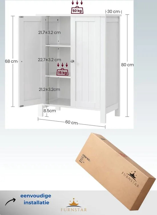 FurnStar - Badkamerkast - 2 planken - 60x30x80cm – Wit