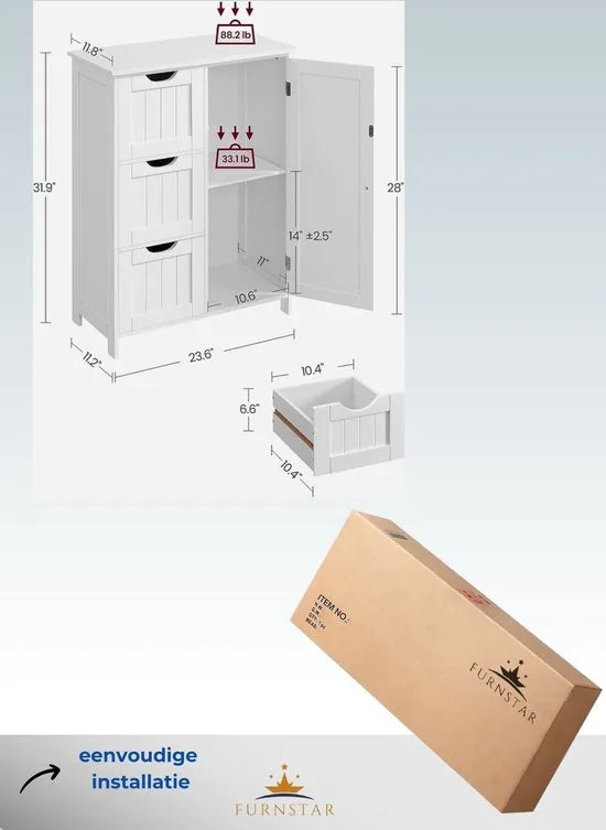 FurnStar - Badkamerkast - 3 laden - 60x30x81cm – Wit