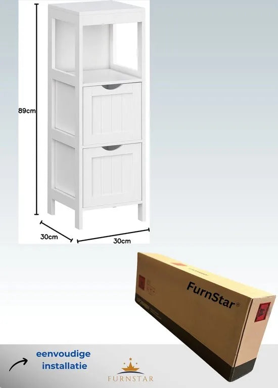 FurnStar - Badkamerkast - Badkamerrek met 4 etages - Houten hoekkast - Medicijnkast - 30 x 30 x 89 cm - Wit