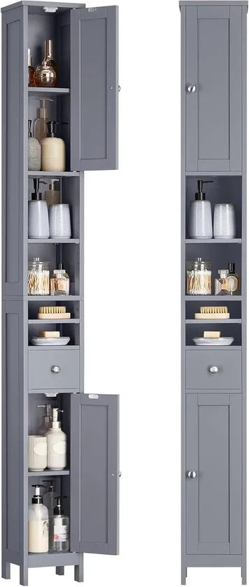 FurnStar Badkamerkast – Hoge Smalle Opbergkast – Met Verstelbare Planken, Lade & Open Vakken – Voor Kleine Ruimtes – Modern Design – Duifgrijs