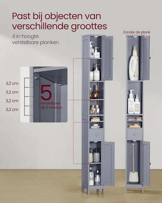 FurnStar Badkamerkast – Hoge Smalle Opbergkast – Met Verstelbare Planken, Lade & Open Vakken – Voor Kleine Ruimtes – Modern Design – Duifgrijs