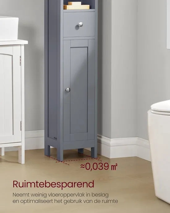 FurnStar Badkamerkast – Hoge Smalle Opbergkast – Met Verstelbare Planken, Lade & Open Vakken – Voor Kleine Ruimtes – Modern Design – Duifgrijs