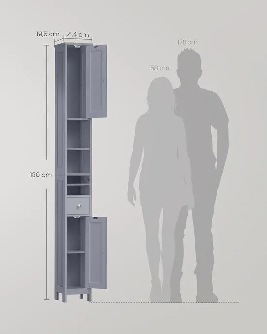 FurnStar Badkamerkast – Hoge Smalle Opbergkast – Met Verstelbare Planken, Lade & Open Vakken – Voor Kleine Ruimtes – Modern Design – Duifgrijs