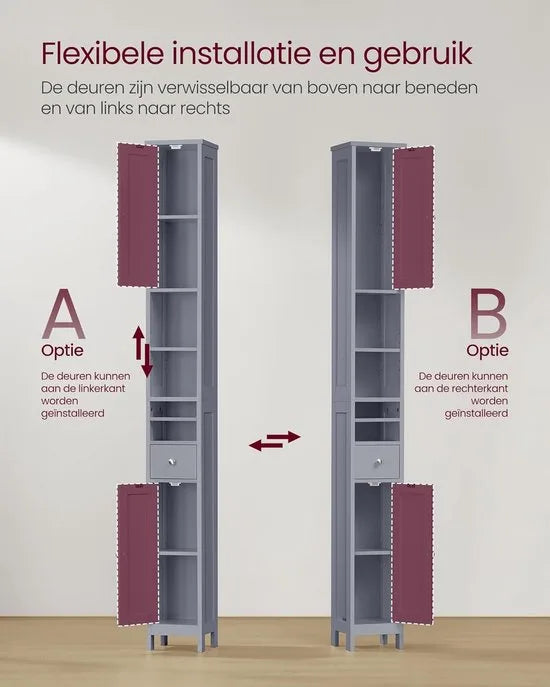 FurnStar Badkamerkast – Hoge Smalle Opbergkast – Met Verstelbare Planken, Lade & Open Vakken – Voor Kleine Ruimtes – Modern Design – Duifgrijs
