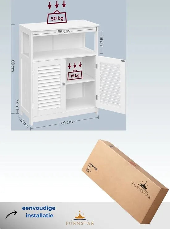 FurnStar - Badkamerkast - Keukenkast met open vak - Opbergrek met 2 deuren - 30 x 60 x 80 cm - Wit