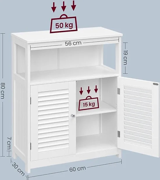 FurnStar - Badkamerkast - Keukenkast met open vak - Opbergrek met 2 deuren - 30 x 60 x 80 cm - Wit