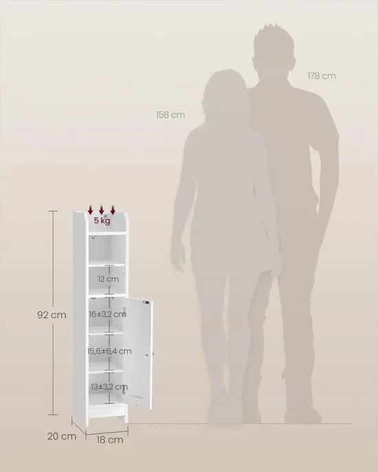 FurnStar – Badkamerkast klein – Smalle staande toiletkast met deur en verstelbare planken – Kast voor toiletpapier – 20 x 18 x 92 cm – Wolkenwit