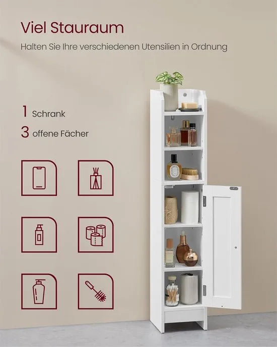 FurnStar – Badkamerkast klein – Smalle staande toiletkast met deur en verstelbare planken – Kast voor toiletpapier – 20 x 18 x 92 cm – Wolkenwit