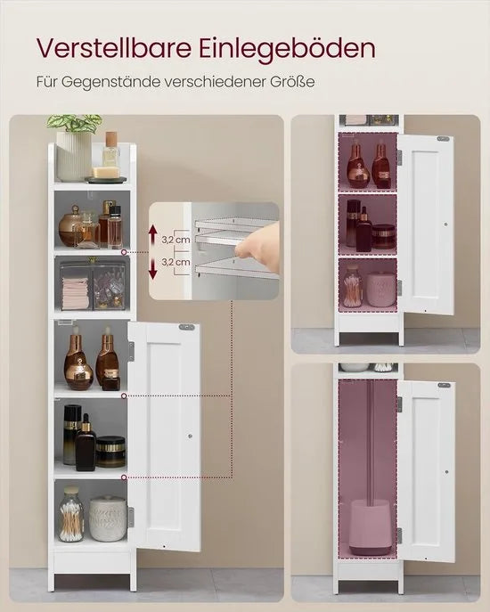 FurnStar – Badkamerkast klein – Smalle staande toiletkast met deur en verstelbare planken – Kast voor toiletpapier – 20 x 18 x 92 cm – Wolkenwit