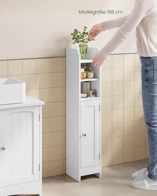 FurnStar – Badkamerkast klein – Smalle staande toiletkast met deur en verstelbare planken – Kast voor toiletpapier – 20 x 18 x 92 cm – Wolkenwit