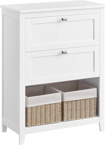 Furnstar Badkamerkast – Opbergkast met 2 Lades en Verstelbare Ladeverdelers – 2 Rattan Mandjes – Staande Kast – 30 x 60 x 80 cm – Wit