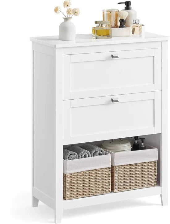 Furnstar Badkamerkast – Opbergkast met 2 Lades en Verstelbare Ladeverdelers – 2 Rattan Mandjes – Staande Kast – 30 x 60 x 80 cm – Wit