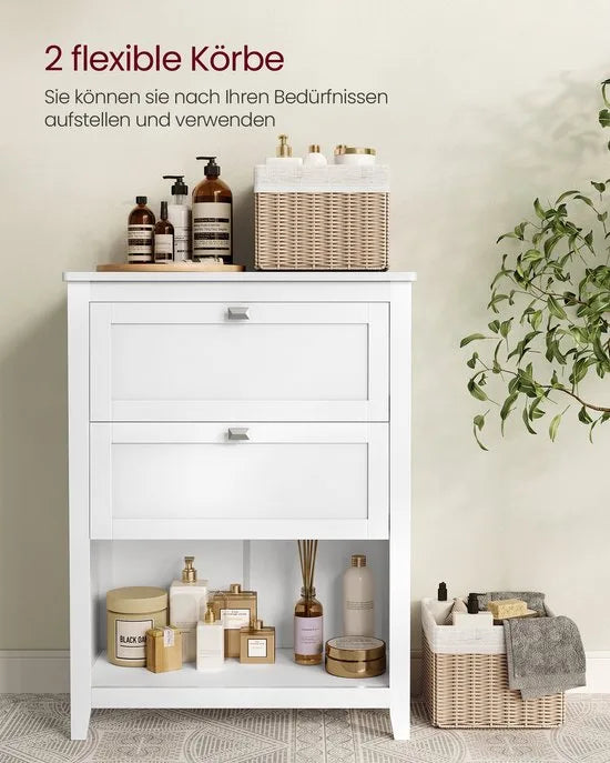 Furnstar Badkamerkast – Opbergkast met 2 Lades en Verstelbare Ladeverdelers – 2 Rattan Mandjes – Staande Kast – 30 x 60 x 80 cm – Wit
