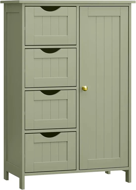 Furnstar - Badkamerkast - Smalle badkamerkast - Bijzetkast - Commode met 4 laden - Met kastdeur en verstelbare plank - 30 x 55 x 82 cm - Inktzwart – Lauriergroen 30 x 55 x 82cm 30 x 55 x 82 cm Lauriergroen (2725)