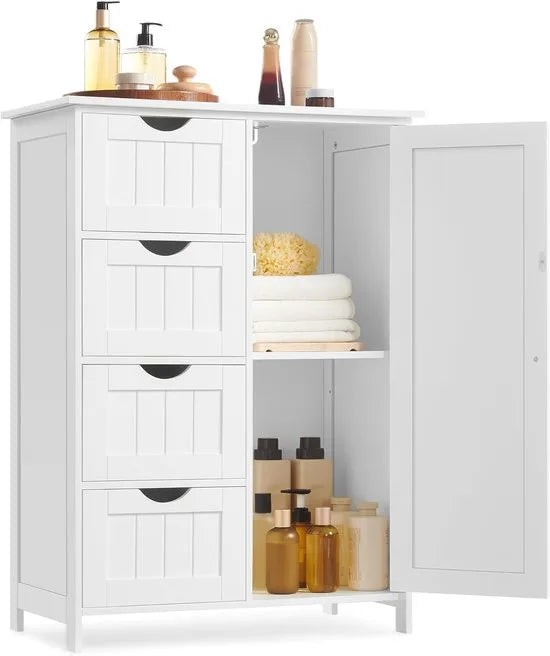 Furnstar - Badkamerkast - Smalle badkamerkast - Bijzetkast - Commode met 4 laden - Met kastdeur en verstelbare plank - 35 x 65 x 90 cm - Wolkenwit
