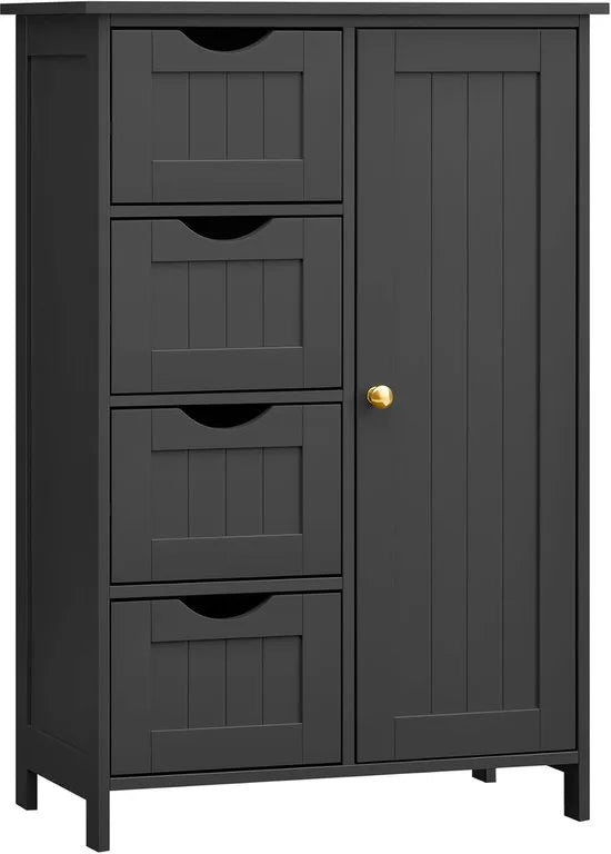 Furnstar - Badkamerkast - Smalle badkamerkast - Bijzetkast - Commode met 4 laden - Met kastdeur en verstelbare plank - 30 x 55 x 82 cm - Inktzwart
