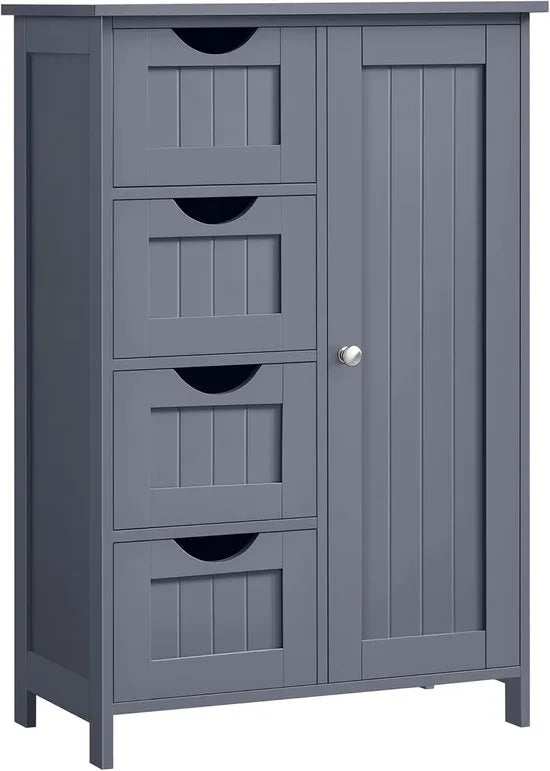 Furnstar - Badkamerkast - Smalle badkamerkast - Bijzetkast - Commode met 4 laden - Met kastdeur en verstelbare plank - Voor woonkamer keuken hal - Diep en vrijstaand - Grijs