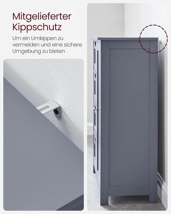Furnstar - Badkamerkast - Smalle badkamerkast - Bijzetkast - Commode met 4 laden - Met kastdeur en verstelbare plank - Voor woonkamer keuken hal - Diep en vrijstaand - Grijs