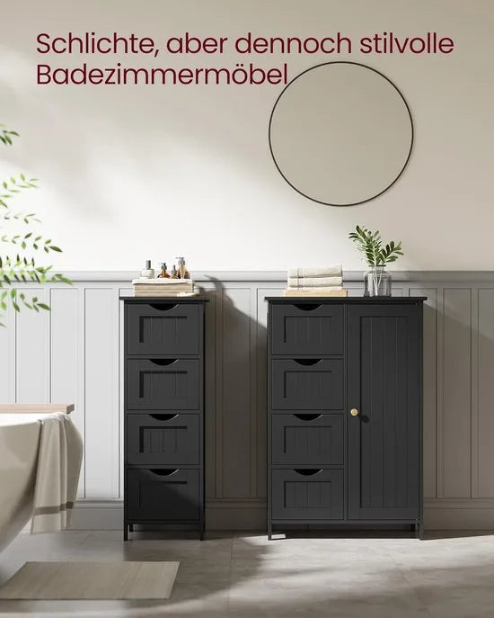 Furnstar - Badkamerkast - Smalle badkamerkast - Bijzetkast - Commode met 4 laden - Met kastdeur en verstelbare plank - 30 x 55 x 82 cm - Inktzwart