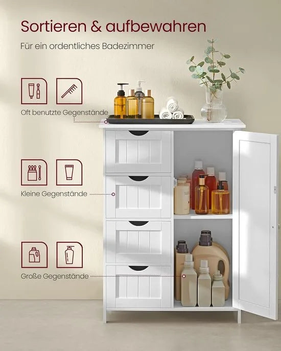 Furnstar - Badkamerkast - Smalle badkamerkast - Bijzetkast - Commode met 4 laden - Met kastdeur en verstelbare plank - 35 x 65 x 90 cm - Wolkenwit