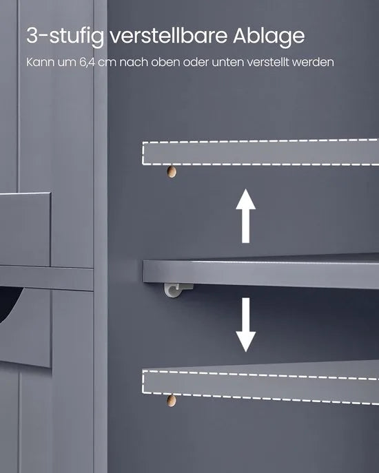 Furnstar - Badkamerkast - Smalle badkamerkast - Bijzetkast - Commode met 4 laden - Met kastdeur en verstelbare plank - Voor woonkamer keuken hal - Diep en vrijstaand - Grijs