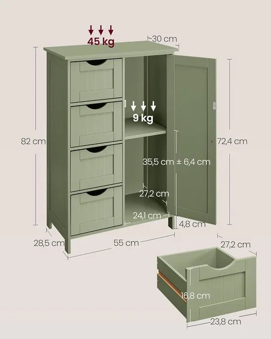 Furnstar - Badkamerkast - Smalle badkamerkast - Bijzetkast - Commode met 4 laden - Met kastdeur en verstelbare plank - 30 x 55 x 82 cm - Inktzwart – Lauriergroen 30 x 55 x 82cm 30 x 55 x 82 cm Lauriergroen (2725)