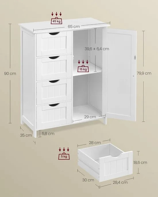 Furnstar - Badkamerkast - Smalle badkamerkast - Bijzetkast - Commode met 4 laden - Met kastdeur en verstelbare plank - 35 x 65 x 90 cm - Wolkenwit
