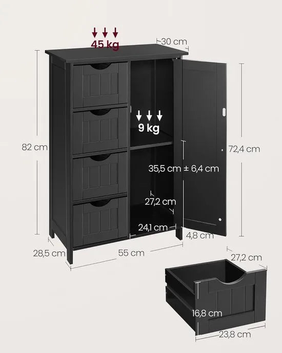 Furnstar - Badkamerkast - Smalle badkamerkast - Bijzetkast - Commode met 4 laden - Met kastdeur en verstelbare plank - 30 x 55 x 82 cm - Inktzwart
